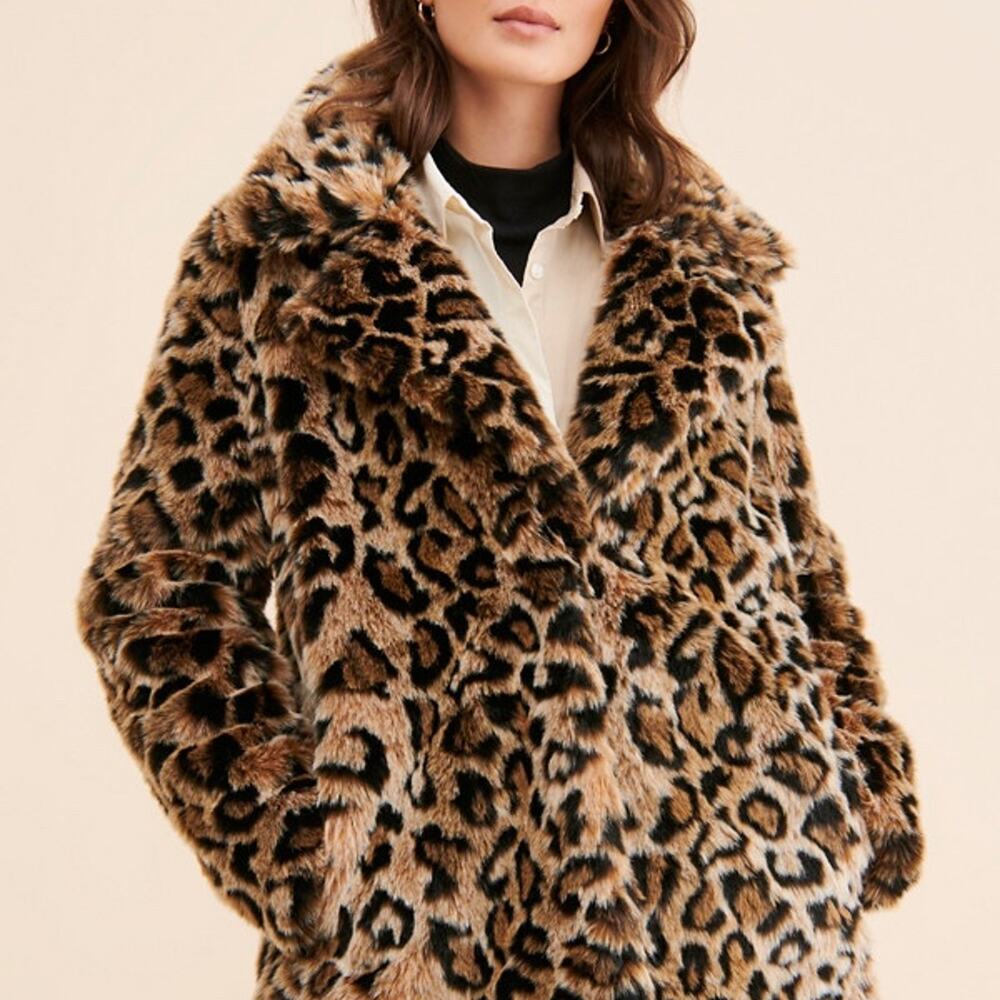 Free People Lola Leopard Faux Fur Coat Neutral Size XL Retail $268